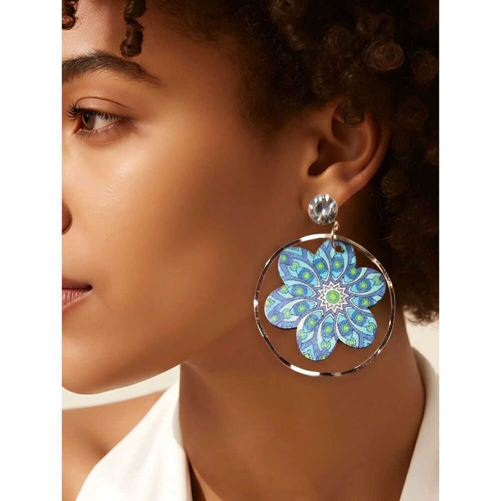 Blue Mandala Flower Wood Dangle Earrings Crystal Stud Bohemian Artsy Jewelry NWT